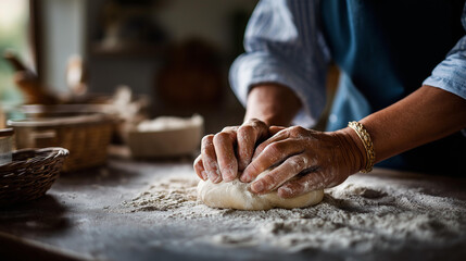 Faceless baker's hands kneading fresh bread dough on floured counter surface homemade baking preparation culinary cooking skill traditional artisan technique kitchen activity