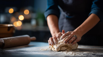 Faceless baker's hands kneading fresh bread dough on floured counter surface homemade baking preparation culinary cooking skill traditional artisan technique kitchen activity
