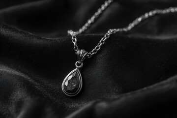 Teardrop Pendant Necklace With Black Gem in Silver Setting on Black Satin