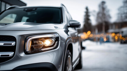 Fototapeta premium Modern luxury SUV vehicle front grille and headlight section premium automobile closeup winter season setting snow covered ground surface contemporary car design details