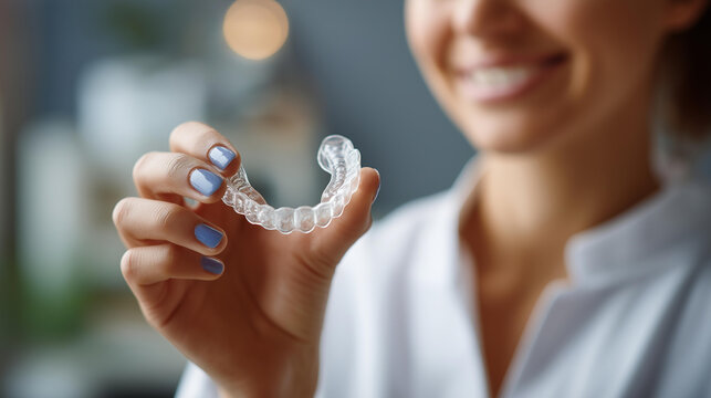 Faceless hand with blue manicured nails holding transparent clear orthodontic aligner tray modern dental care product invisible teeth straightening treatment healthcare oral
