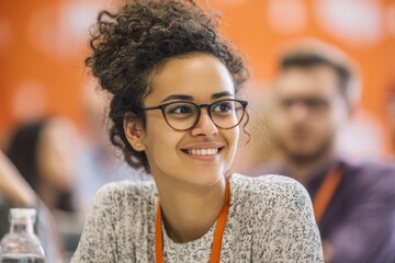 smiling, mixed-race young woman wearing glasses at a business conference