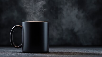 Black Ceramic Coffee Mug With Steam Rising In Low Light&mdash;Minimal Studio Shot For Breakfast, Beverage, Or Office Use