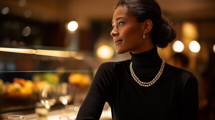Elegant professional woman in black turtleneck with pearl necklace at upscale restaurant sophisticated fine dining experience warm atmospheric lighting jewelry fashion details