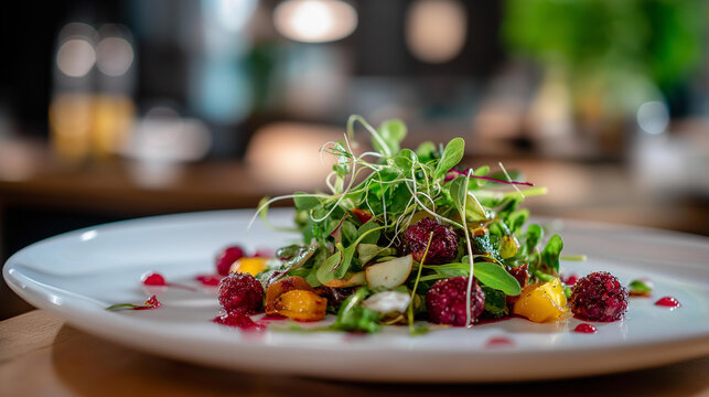 Premium gourmet fresh salad with mixed berries and microgreens fine dining healthy appetizer course artistic culinary plating white porcelain dish restaurant presentation