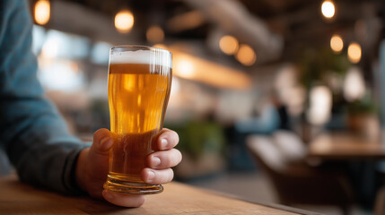 Faceless person's hand holding cold beer glass mug on wooden pub table social gathering beverage casual dining atmosphere bar restaurant setting alcoholic drink enjoyment