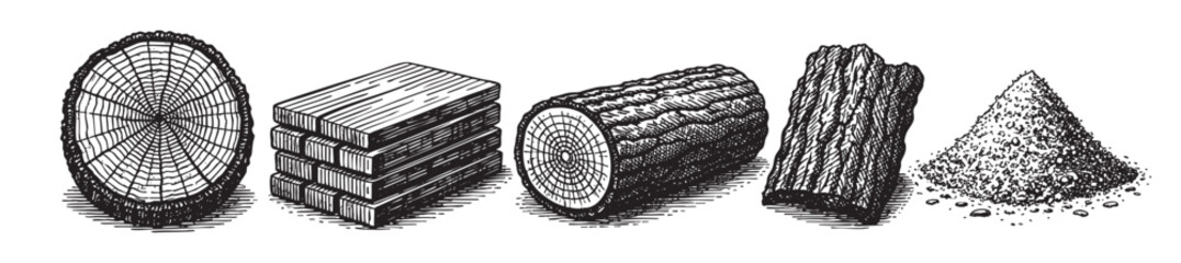 Black and white etching style illustration showing a progression of wood materials from a log slice and planks to sawdust and chips, perfect for illustrating forestry or woodworking concepts.