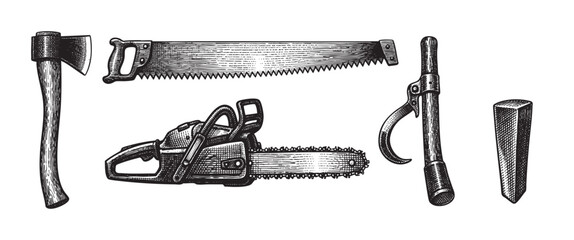 A vintage woodcut illustration depicts a collection of essential lumberjack tools including an axe, handsaw, chainsaw, cant hook, and splitting maul set against a clean white background.