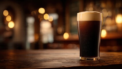 Pint of Stout on Wooden Bar Top