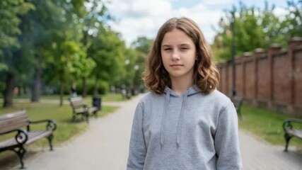 Teenage girl with serious mood refusing a cigarette by raising her hand against a green park walkway background with copy space