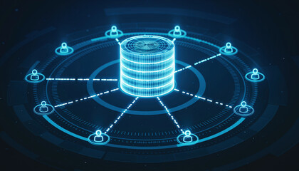 An illustration depicts a central database interconnected with several user icons, highlighting network connectivity and data exchange