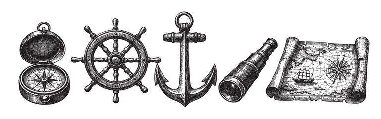 Vintage ink illustration featuring a collection of nautical symbols including a compass, ship's wheel, anchor, spyglass, and map, perfect for travel or adventure themes.
