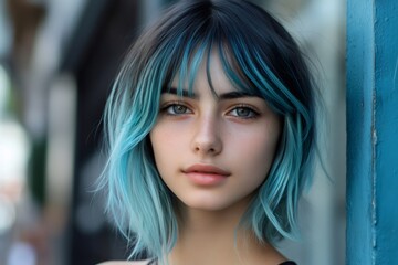 Fototapeta premium Young woman looking at viewer, her short bob blue highlighted hair framing a serene expression. Embracing modern beauty trends