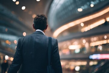 Businessman Walking Through a Modern Mall Corridor With Briefcase: Urban, Professional Silhouette Amid Blurred City Lights