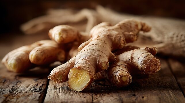 Fresh ginger root, brown and beige tones, on weathered wooden surface. A culinary spice
