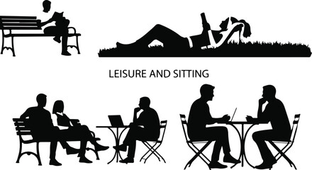 Silhouette illustrations of people relaxing sitting and lying down in leisure activities outdoors and indoors