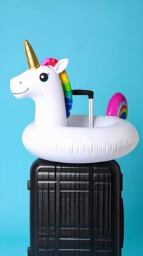 Black suitcase stands with inflatable unicorn pool floatie against bright turquoise background, travel planning, vacation theme
