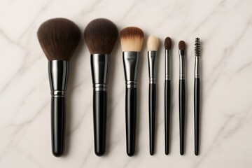 Makeup brushes of various sizes and types displaying beauty tools for cosmetic application, neatly arranged on a white marble background