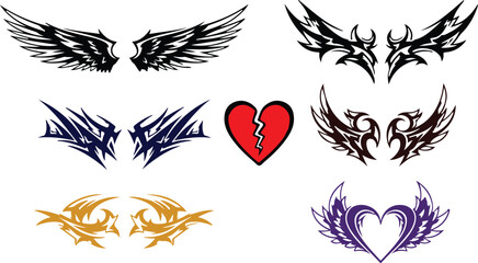 Collection of stylized angel wings and broken heart illustrations with tribal designs isolated