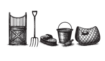 A charming black and white woodcut illustration features essential equestrian equipment including a stall gate, pitchfork, brush, feed bucket, and saddle, perfect for farm or ranch themes.