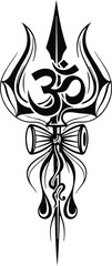 Intricate spiritual om symbol with trident and damaru drum illustration in tribal style