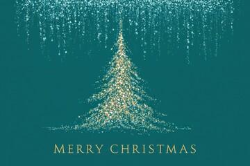 Merry Christmas Gold Glitter Tree on Teal Background With Sparkling Snowfall and Elegant Holiday Message