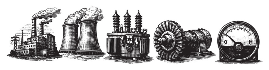 This vintage woodcut style illustration features a power plant with smoking chimneys, cooling towers, a transformer, a generator, and a meter, depicting historical industrial energy production.