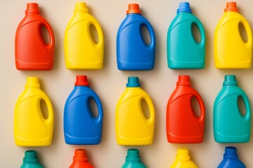 Brightly colored laundry detergent bottles arranged in a grid, creating a vibrant, organized pattern overhead