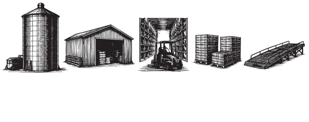 A black and white sketch depicts farm and warehouse logistics, showing a silo, barn, forklift in a warehouse, stacked pallets, and a loading ramp.