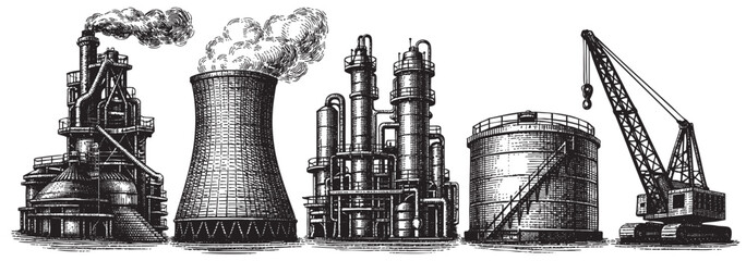 A detailed pen and ink illustration of a complex industrial factory scene featuring smoking chimneys, a cooling tower, storage tanks, and a construction crane.