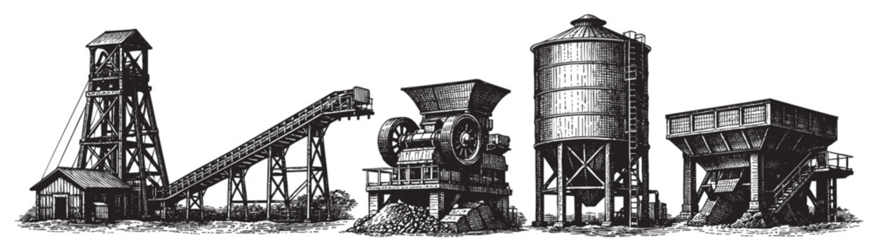 Vintage black and white illustration of various coal mining machinery, including a headframe, conveyor, crusher, and silo, evoking a sense of industrial history.