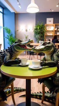 Two stylized alligators enjoying hot beverage at a round green table in a bright caf&eacute; setting with modern furniture