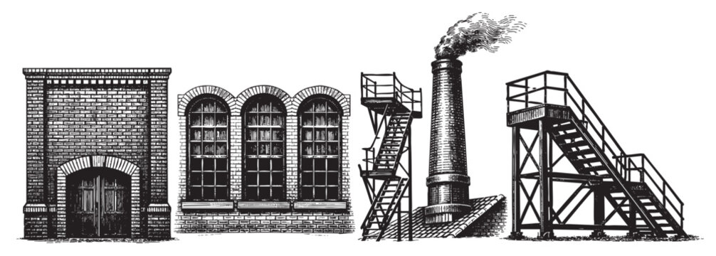 A detailed black and white ink sketch of vintage industrial building elements including a brick wall with an arched doorway, arched windows, a smokestack with smoke, and external staircases.
