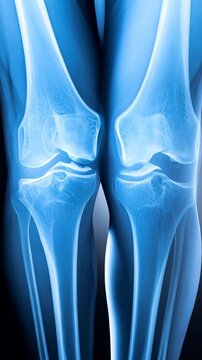 Detailed knee joint X-ray showing tibia, fibula and femur bones in blue color spectrum providing clear medical insights