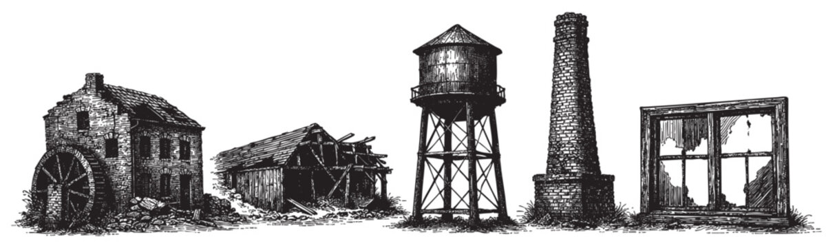 A black and white pen and ink illustration depicts a row of derelict structures including a water tower, chimney, and a broken window, evoking a sense of industrial decline and decay.