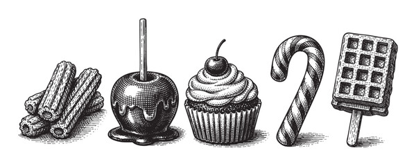 A vintage ink sketch collection of five popular sweet treats including churros, candy apple, cupcake, candy cane, and ice cream waffle, rendered in a classic woodcut style on a white background.