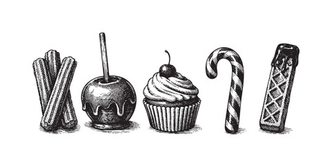 Fototapeta premium A vintage-style black and white illustration features a collection of five sweet treats including churros, a candy apple, a cupcake, a candy cane, and a waffle cone, perfect for whimsical designs.