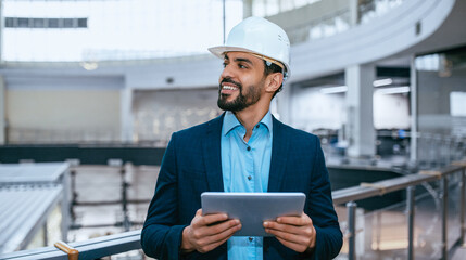 A construction manager dressed in a suit and hard hat stands indoors in a factory. He is looking at a tablet and smiling. The background shows industrial equipment and bright windows. © Prostock-studio
