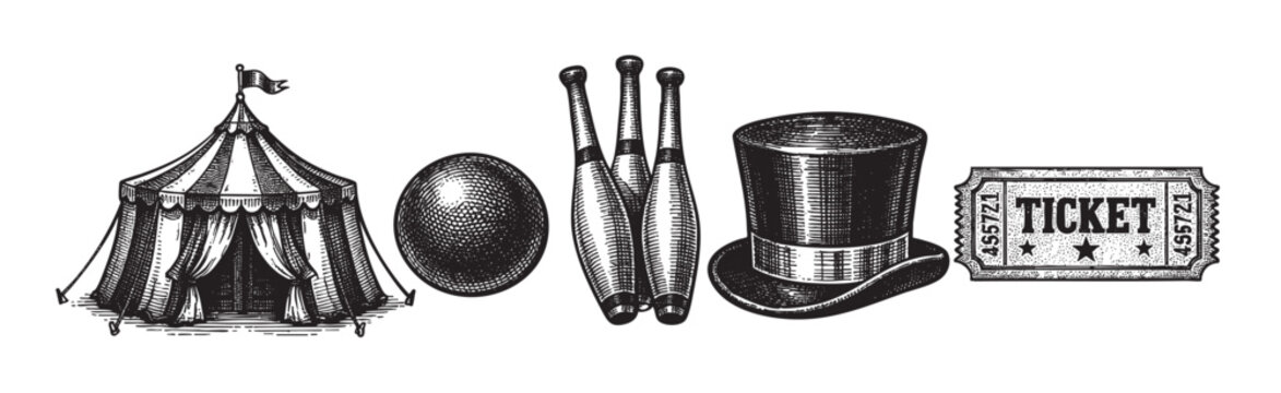 A vintage illustration showcases classic circus items including a tent, juggling pins, ball, top hat, and ticket, evoking a nostalgic and whimsical atmosphere perfect for event promotions.