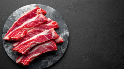 Raw beef ribs on black marble background.