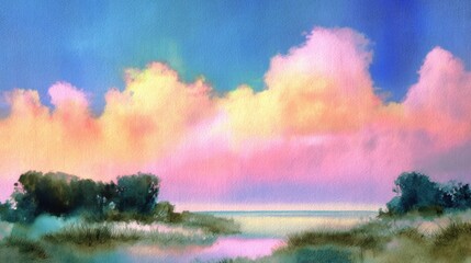 Vibrant sunset over serene landscape with colorful clouds and silhouetted trees.