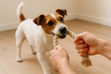 Jack Russell dog actively playing tug of war with a rope toy indoors, engaging in fun and interaction with human hands