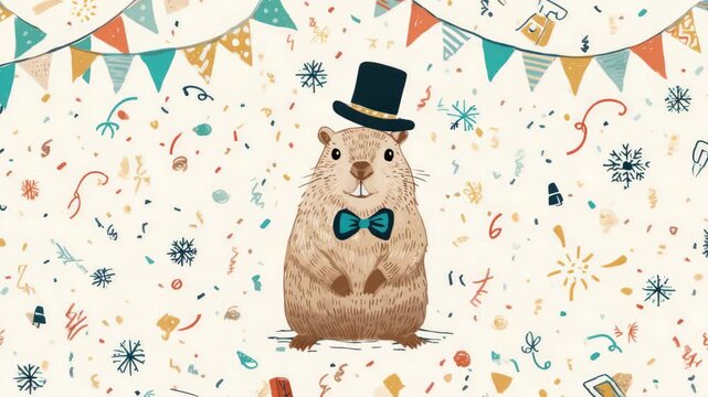 Charming groundhog wears top hat and bow tie amid festive confetti and colorful banners, celebrating groundhog day tradition