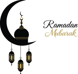 Calligraphic Ramadan Kareem greeting with a mosque silhouette, crescent moon, and star against white