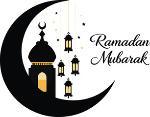 Stylized black Ramadan Kareem text with a mosque and multiple crescent moons on a white field