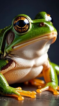 Extreme close-up of a bright green frog with large golden eyes in a studio setting on a dark background
