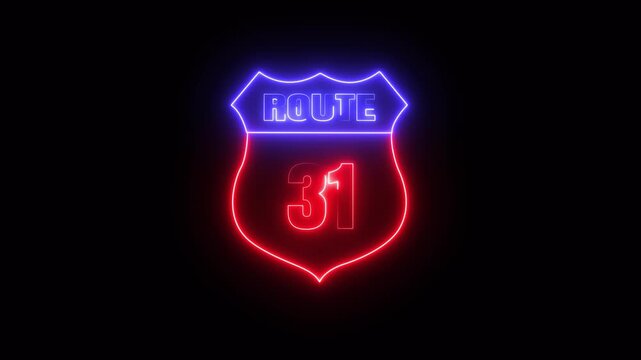 Glowing neon Route 31 text icon ,Route 31 shape symbol burning Loop. who will be used for road glowing against a black background ROUTE 31 .4k video motion graphic animation.