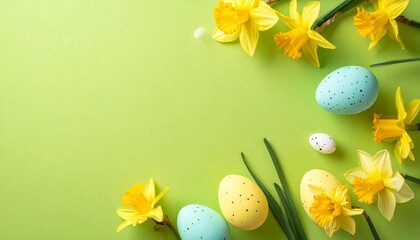 Top view of colorful speckled easter eggs and yellow narcissus flowers arranged on a bright green background with copy space. Concept of spring holiday greeting
