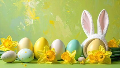 Pastel easter eggs arranged with yellow daffodils and white fluffy bunny ears on a light green textured artistic background. Concept of spring awakening and creativity