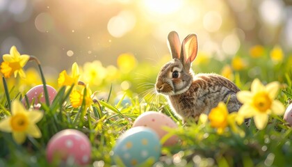 Small wild rabbit sitting in a sunny spring garden with yellow daffodils and colorful easter eggs on a blurred grass background with warm bokeh. Concept of peaceful spring morning